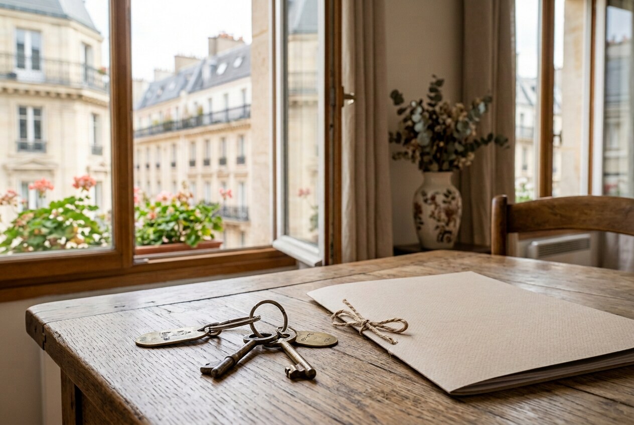 Clés anciennes et dossier de vente dans un appartement parisien