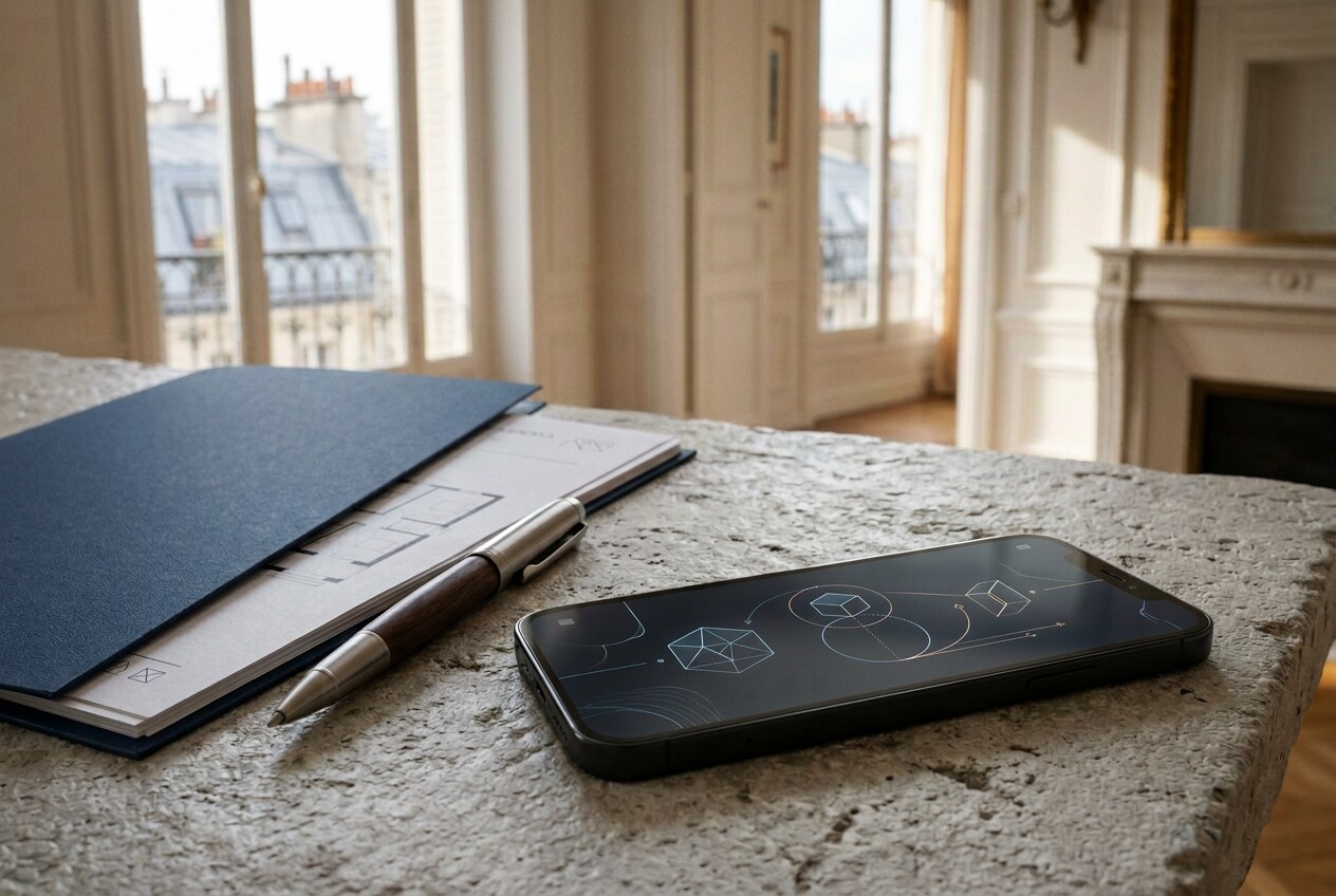 Téléphone affichant une interface abstraite près d'un dossier immobilier parisien