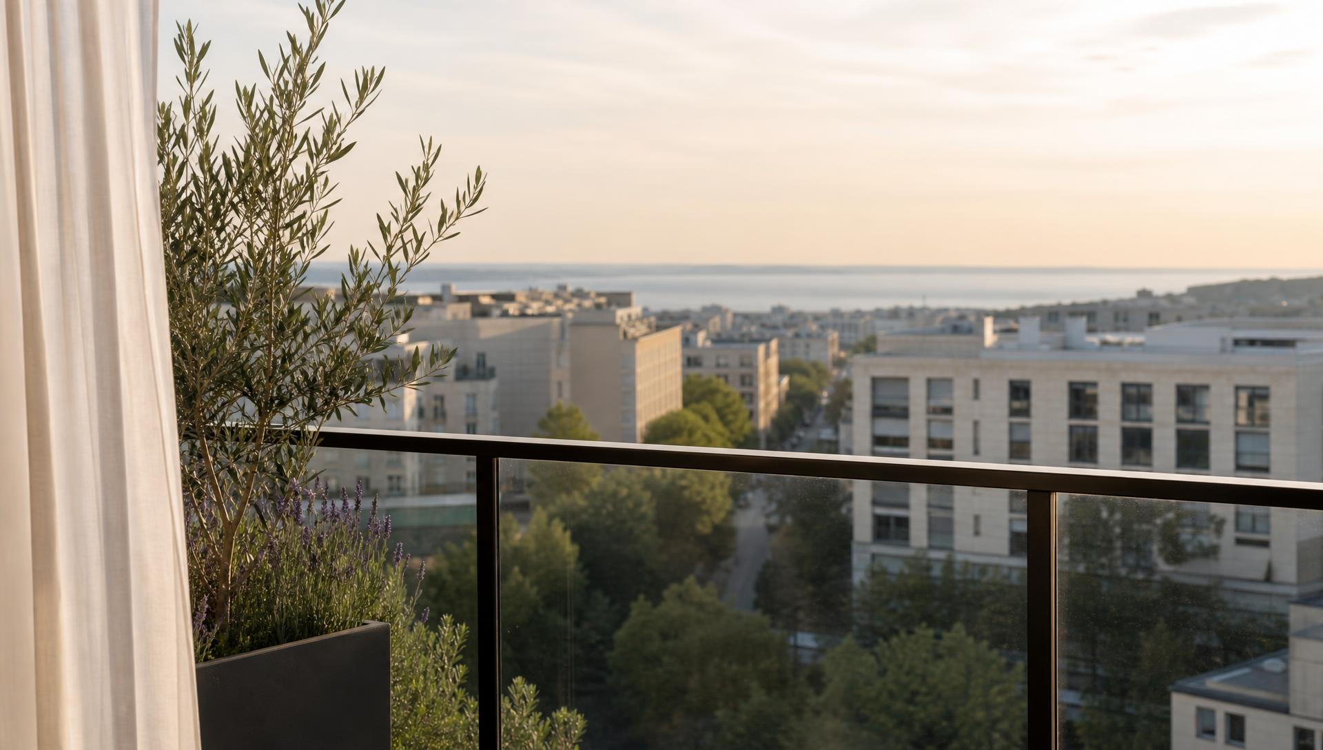 Vue sur les toits de zinc parisiens depuis un balcon en fer forgé, à la lumière du soir